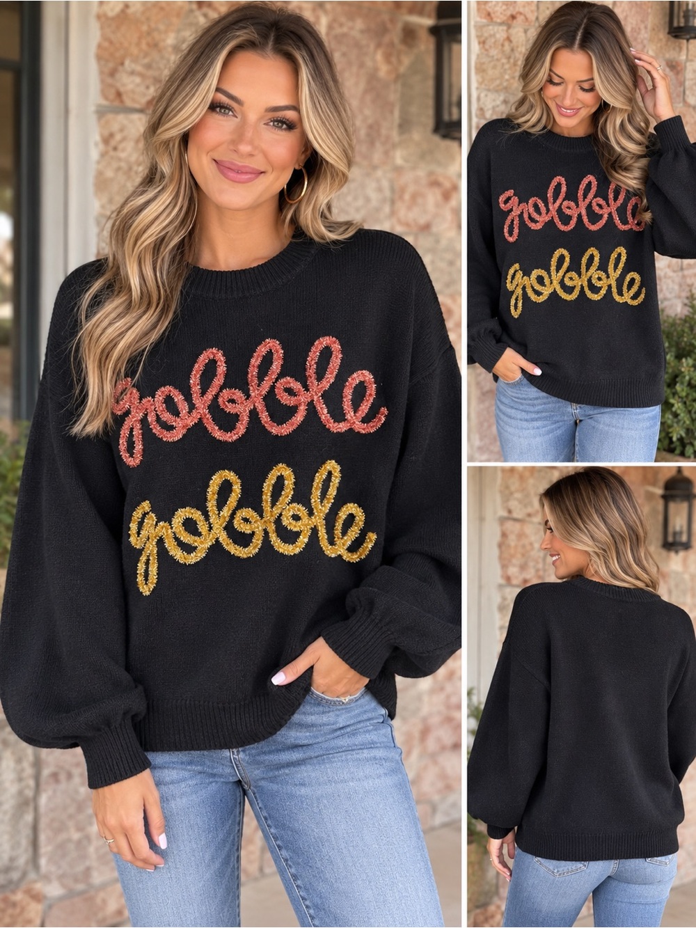 Black thanksgiving gobble gobble tinsel embroidered sweater pullover tunic top